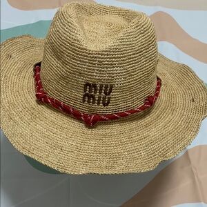 Miu Miu Tan Straw Hat with Red Accent